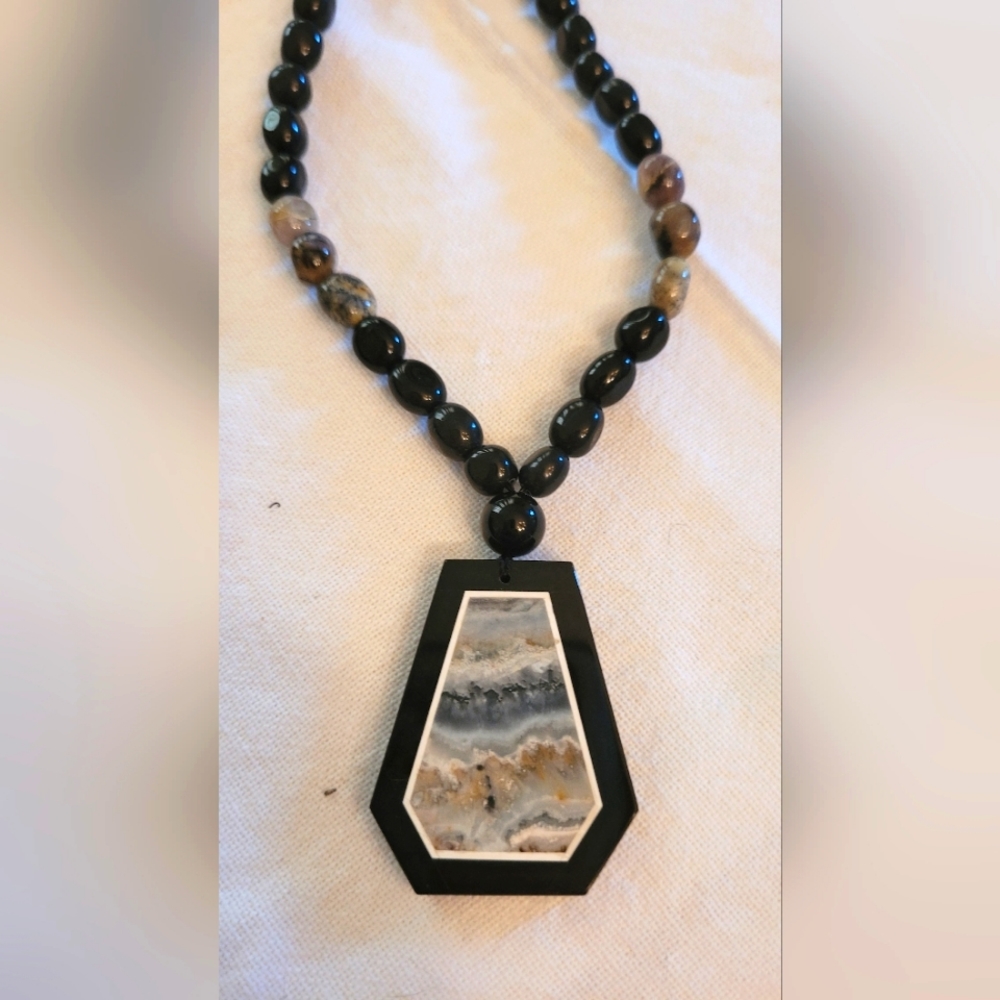 Adjustable pendant with Mosaic Inlay Natural Jasper & Obsidian beads
